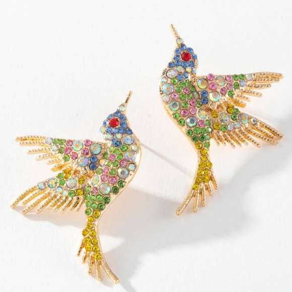 Multicolor Bird Rhinestone Earrings Gold Hummingbird CZ Pave Crystal Birds Posts - Picture 3 of 13